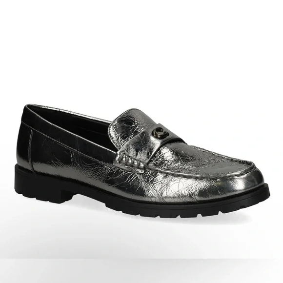 Coach NIB Metallic Silver Anthracite Jocelyn Crinkle Loafers - Picture 1 of 14